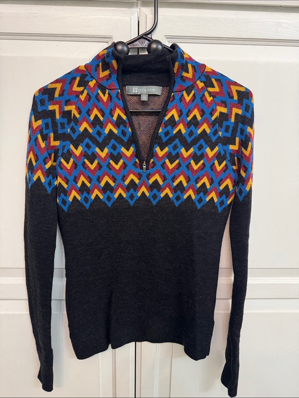 Title Nine Black Zip-Up Wool Sweater with colorful Geometric Yoke size S